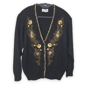 Vintage Alfred Dunner Black Cardigan Sweater Gold Sequins Beads Womens Medium